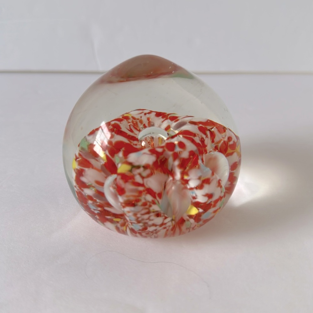 Vintage MCM Bubble Round Handblown Glass Orb Paperweight 3” Floral Red White